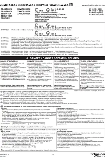schneider施耐德ZB.RTA0EX_ ZBRM01.EX_ ZBRP1EX_ XAW.R...EX XB5R products for ATEX_ Instruction Sheet